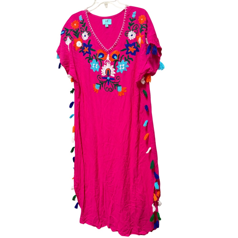 South Main Pink Embroidered Tassel Kaftan Maxi Dress Floral Boho V-Neck pre
